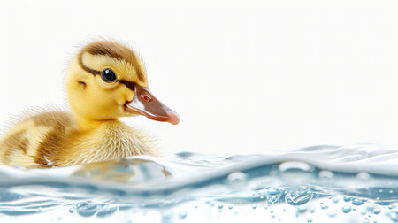 baby duckling paddling in clear water isolated on a white backgroundの素材