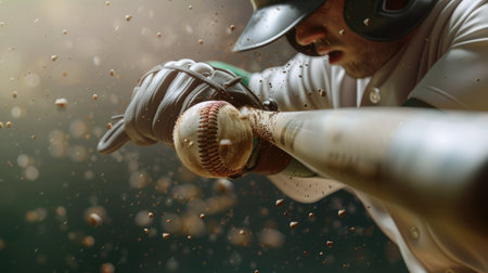 Baseball player hitting ball with bat in close upの素材