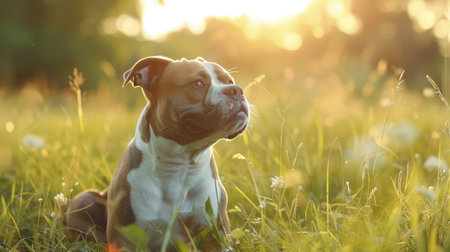 Bulldog playing in the park. Terrier dog in grass fieldの素材