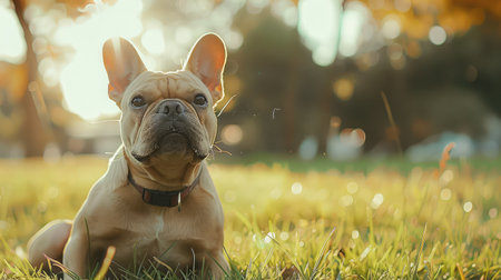 Bulldog playing in the park. Terrier dog in grass fieldの素材