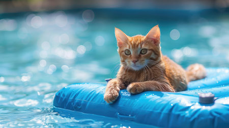 cat on blue air mattress in refreshing waterの素材