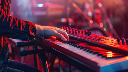 Close up of a keyboardist musician at work at a concert. Keyboardist play keyboard on stage.の素材