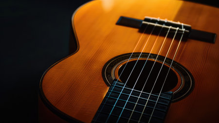 Classical guitar close up, dramatically lit on a black background with copy spaceの素材