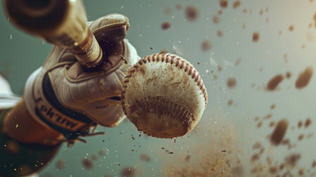 Baseball player hitting ball with bat in close upの素材