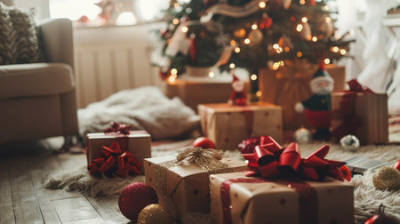 Beautiful Christmas gift boxes on floor near fir tree in roomの素材