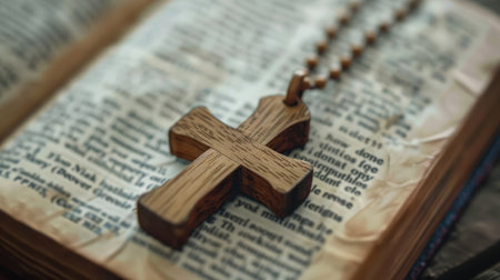 Closeup of simple wooden Christian cross necklace on Bible , vintage tone , godの素材