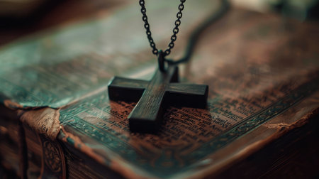 Closeup of simple wooden Christian cross necklace on Bible , vintage tone , godの素材