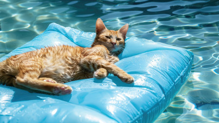 cat on blue air mattress in refreshing waterの素材