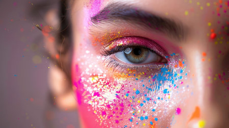 Crop of female eye with colorful make up. Beautiful fashion model with creative art makeup. Abstract colourful splash make-up. Holi festivalの素材