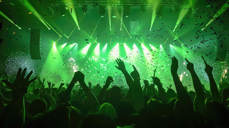 crowded concert hall with scene stage green lights, rock show performance, with people silhouette, colourful confetti explosion fired on dance floor air during a concert festivalの素材