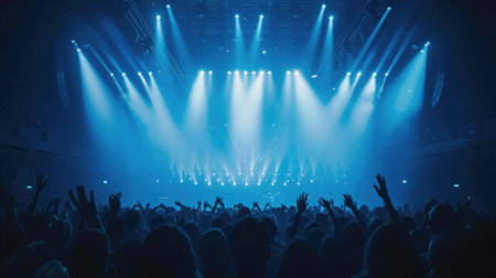 crowded concert hall with scene stage lights in blue tones, rock show performance, with people silhouette, on a dance floor air during a concert festivalの素材