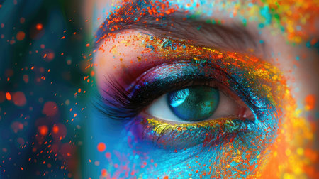 Crop of female eye with colorful make up. Beautiful fashion model with creative art makeup. Abstract colourful splash make-up. Holi festivalの素材