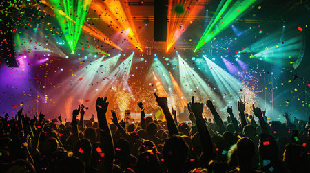 crowded concert hall with scene stage green lights, rock show performance, with people silhouette, colourful confetti explosion fired on dance floor air during a concert festivalの素材