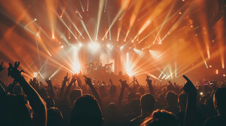 crowd partying stage lights live concert summer music festivalの素材