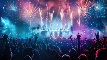 DJ Concert Festival with Special Effects Fireworks over the Silhouette Crowd Backlitの素材