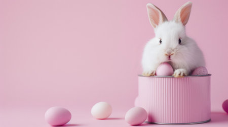 Creative minimal concept. Easter day. Little white baby rabbit bunny sitting in tin pink can with mini easter eggs isolated on pink background. view, mock up, copy spaceの素材