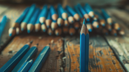 different businessman concept.blue pencil standing out from a bunch pencils on wooden floor. Vintage Styleの素材