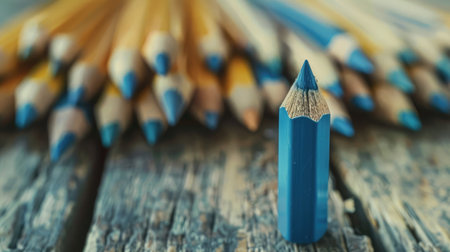 different businessman concept.blue pencil standing out from a bunch pencils on wooden floor. Vintage Styleの素材