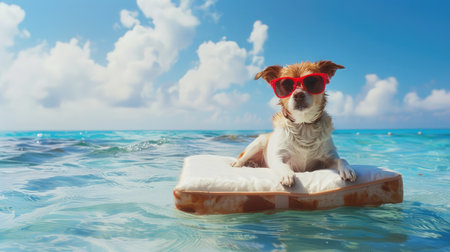 dog on a mattress in the ocean water at the beach, enjoying summer vacation holidays, wearing red sunglassesの素材