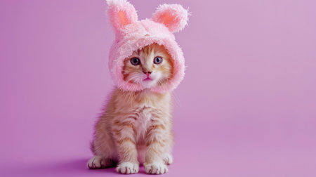 Cute kitten looking at the camera in a bunny costume. The cat is sitting on a light purple background wearing a cute hat with bunny ears. Happy Easter Conceptの素材