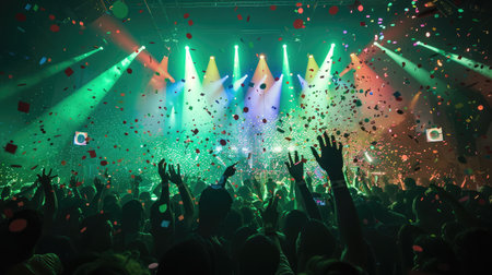 crowded concert hall with scene stage green lights, rock show performance, with people silhouette, colourful confetti explosion fired on dance floor air during a concert festivalの素材