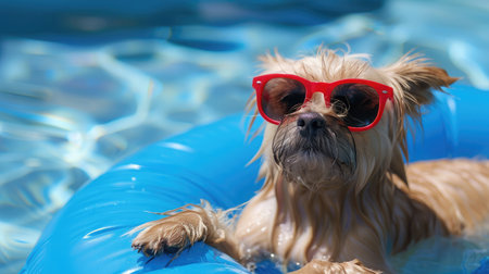 dog on blue air mattress wearing red sunglasses in refreshing waterの素材