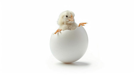 Cute little chicken coming out of a white egg isolated on white backgroundの素材