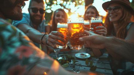 Evening group of friends drinking beer and clinking glasses.の素材