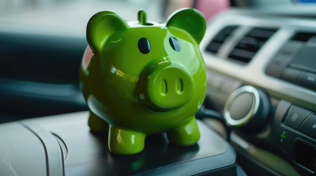 Green piggy bank money box in car interior, vehicle purchase, insurance or driving and motoring cosの素材