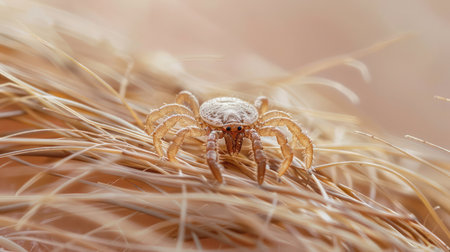 Infected female deer tick on hairy human skin. Ixodes ricinus. Parasitic mite. Acarus. Dangerous biting insect on background of epidermis detail. Disgusting carrier of infections.の素材
