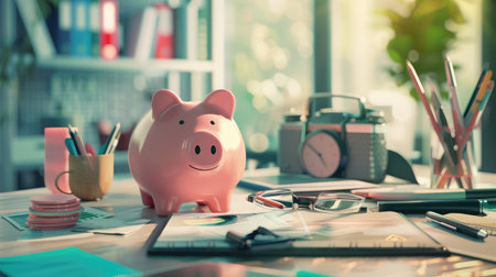 Piggy bank with business stuff, business and finance conceptの素材