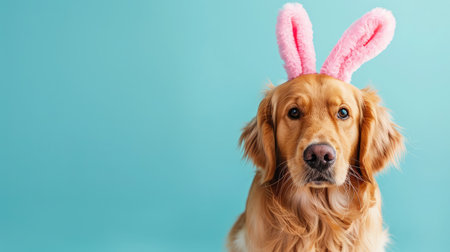 Happy Golden retriever dog bunny dressed ears rabbit easter holiday on blue background isolatedの素材