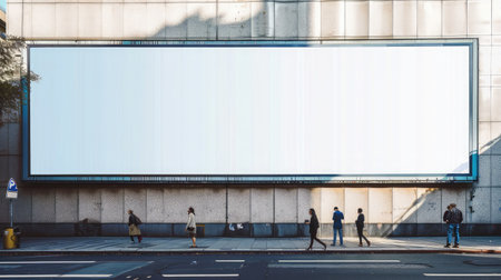 Large horizontal blank advertising poster billboard banner mockup in front of building in urban city; digital light box display screenの素材