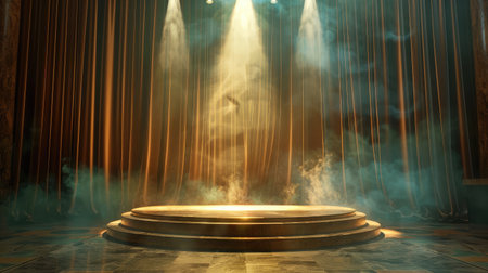 Podium with curtain and smoke. Empty pedestal for award ceremony. Platform illuminated by spotlights.の素材