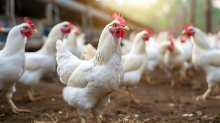 Poultry broiler farm business with group of white chickens in parent stock modern housing farm.の素材