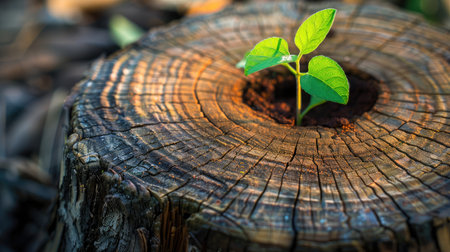 New development and renewal as a business concept of emerging leadership success as an old cut down tree and a strong seedling growing in the center trunk as a concept of support building a future.の素材