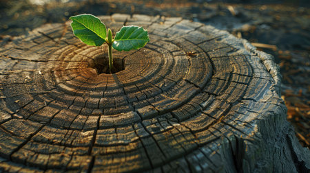 New development and renewal as a business concept of emerging leadership success as an old cut down tree and a strong seedling growing in the center trunk as a concept of support building a future.の素材