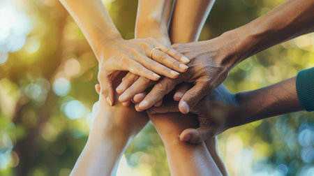 Panoramic Teamwork,empathy,partnership and Social connection in business join hand together concept.Hand of diverse people connecting.Power of volunteer charity work,Stack of people handの素材