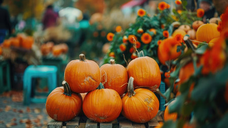 orange pumpkins at outdoor farmer market. pumpkin patch. Copy space for your textの素材