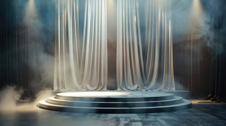 Podium with curtain and smoke. Empty pedestal for award ceremony. Platform illuminated by spotlights.の素材