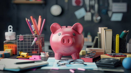 Piggy bank with business stuff, business and finance conceptの素材