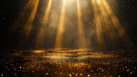 Stage light and golden glitter lights on floor. Abstract gold background for display your product. Spotlight realistic ray.の素材
