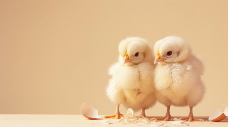 Two cute chicks and pieces of eggshell on beige background, closeup with space for text. Baby animalsの素材