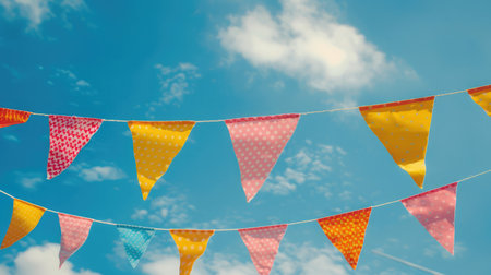 Summer festive bright colorful vintage bunting decoration and blue sky, happy joy freedom celebration , social distancing conceptの素材