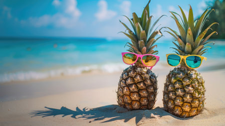 two of funny attractive pineapples in stylish sunglasses on the sand against turquoise sea. Tropical summer vacation concept. Happy sunny day on the beach of tropical island. Family holidayの素材