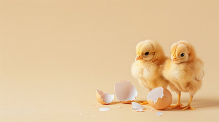 Two cute chicks and pieces of eggshell on beige background, closeup with space for text. Baby animalsの素材