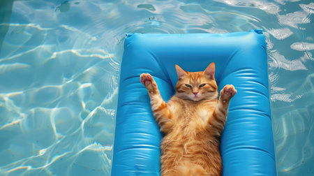 cat on blue air mattress in refreshing waterの素材