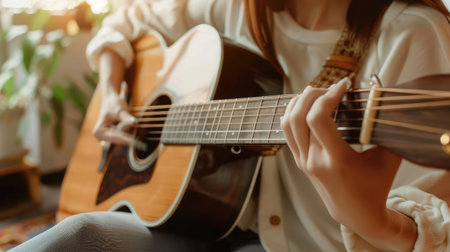 woman's hands playing acoustic guitar, close upの素材