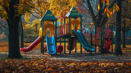 Colorful playground equipment for children in public park at autumnの素材