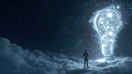 Man standing on clouds gazing at glowing light bulb symbolizing ideas and creativity in starry night sky, evoking inspiration and imaginationの素材